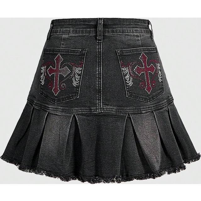 ROMWE Women&#39;s Cross Decorated Denim Skirt With Pleats And Rhinestones Details, School