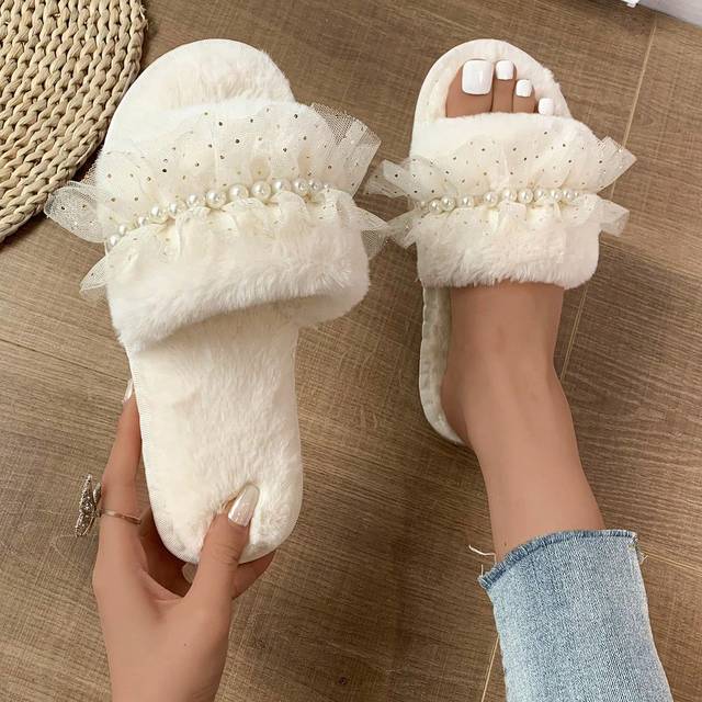 Dam Faux Pearl Decor Fuzzy Sovrumstofflor, Modetofflor Beige (CN36-37,CN38-39,CN40-41)