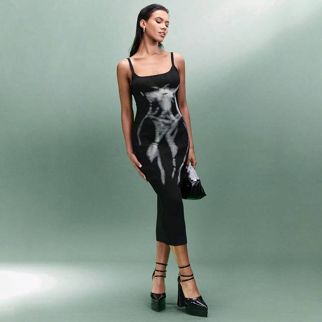 Kvinnors Tryckt Stickad Bodycon Medium Klänning Med Människa Kropp Lämplig Till våren Musik Festivaler , Fester , Dagligt slitage & - Svart (L,M,S,XL,XS,XXL,XXS,XXXL,XXXXL)