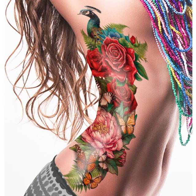 SHEIN 1 Sheets Extra Large Full Arm Size Body Art Temporary Tattoo Stickers For Men And Women, Sexy Realistic Y2K Style Peacock Flower Butterfly Pattern, Wa