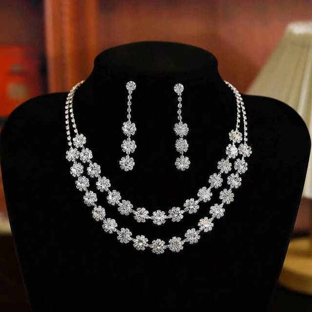 SHEIN 1 Set Of Elegant And Exquisite New Style Double Rows Full Rhinestone Necklace And Earrings Set, Suitable As Gift For Women For Various Evening Occasio