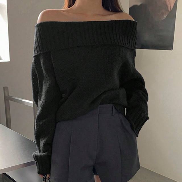DAZY Women&#39;s Solid Color Off Shoulder Casual Sweater Off Shoulder Sweater,Long Sleeve Tops