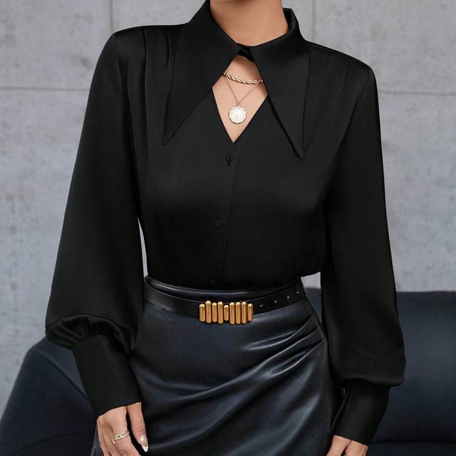 Aveloria Solid Color Hollow Out Button Up Long Sleeve Shirt Elegant Business Casual WomenÂ,Long Sleeve Tops