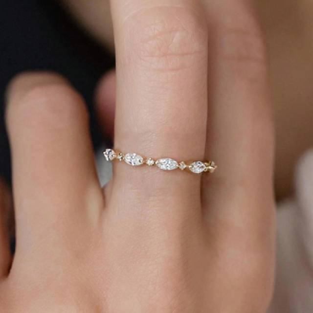 SHEIN 1PC 925 Sterling Silver Marquise Cubic Zirconia Eternity Engagement Promise Ring 18K Gold Plated Multi Simulated Diamond Milgrain  Wedding Ring For Wo