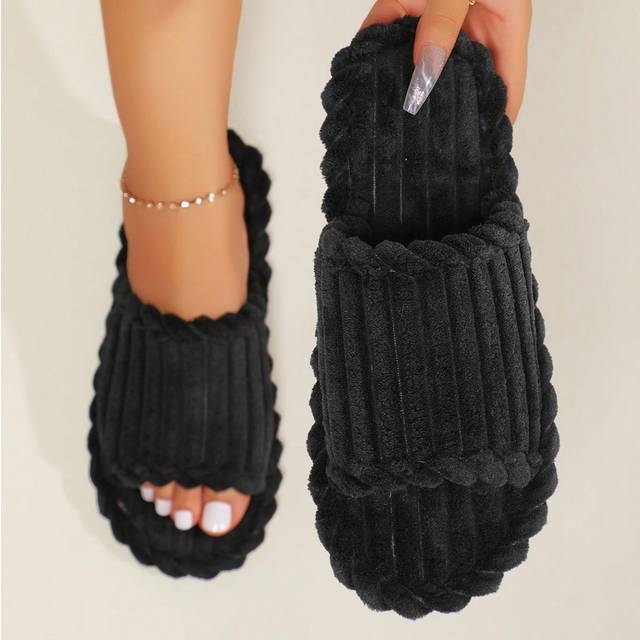 SHEIN Women&#39;s Open Toe Thick Sole Thermal Lined Slippers, Warm House Shoes For Autumn And Winter