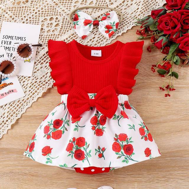 SHEIN 2pcs/Set Baby Girl Casual Vacation Style Rose Print Ruffle Contrast Color Hooded Bodysuit With Headband
