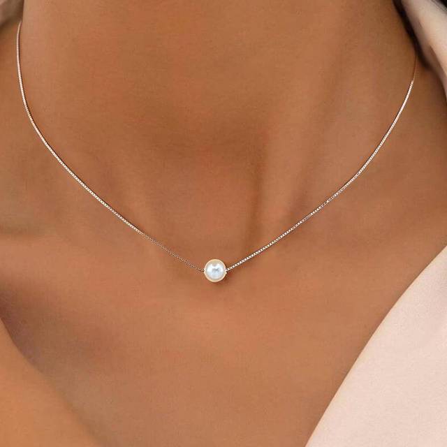 SHEIN 1pc Minimalist Faux Pearl Pendant Necklace Ladies Jewelery For Women S925 Sterling Silver Dainty Faux Pearl Necklace Fine Jewelery For Birthday Gift F