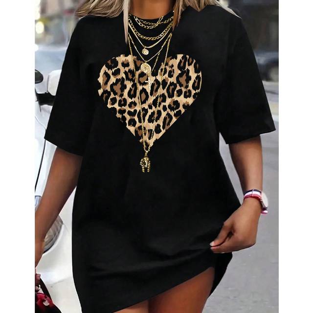 Calvaya Plus Size Leopard Print Heart Graphic Short Sleeve T-Shirt, Cheetah Print Tee, Women Summer Top