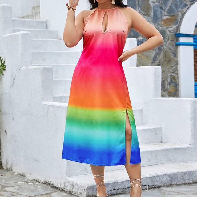 SHEIN Plus Size Summer Holiday Gradient Print Halter Neck Hollow Out Dress With Split High Low Hemline, Perfect For Beach Parties
