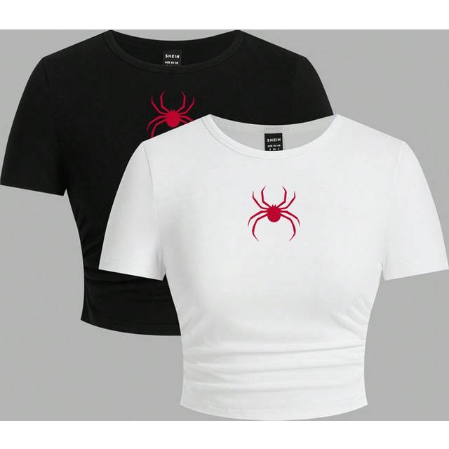 SHEIN 2pcs Red Spider Print Casual Simple Design Crew Neck Short Sleeve Fitted Women T-Shirts, Suitable For Spring And Autumn Back To School