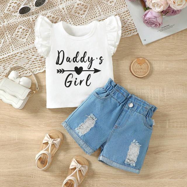 SHEIN Baby Girl&#39;s Letter Print Cap Sleeve Top With Ribbed Denim Shorts 2pcs Outfit Set