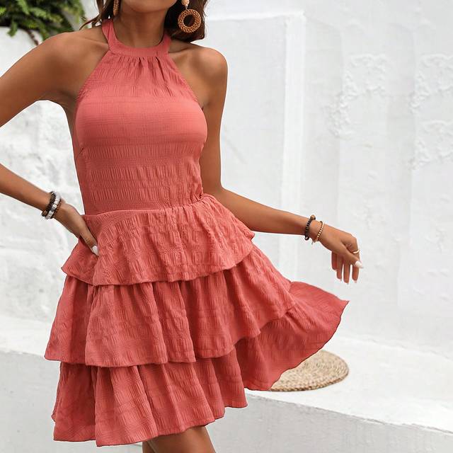 Enfärgad Halter-Neck Öppen Rygg Overaller Med Nederkant med volanger - Orange (L,M,S,XL)