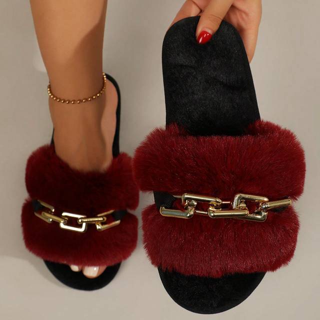 SHEIN Women Chain Decor Fluffy Home Slippers, Fashionable Indoor Bedroom Slippers
