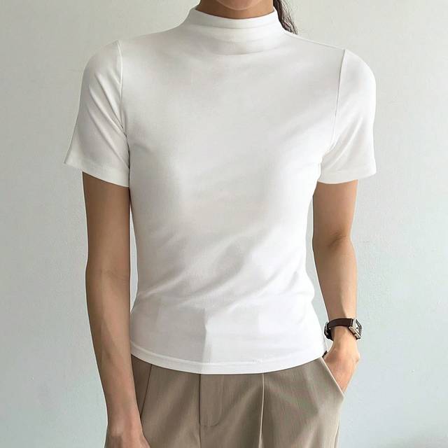 Wynsel Women&#39;s Plain Short Sleeve Stand Collar T-Shirt