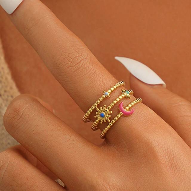 COINBUFF 1pc Fashionable Oil Drip Stars & Moon & Line Design Stainless Steel Gold Plated Open Ring, Suitable For Women&#39;s Daily Wear