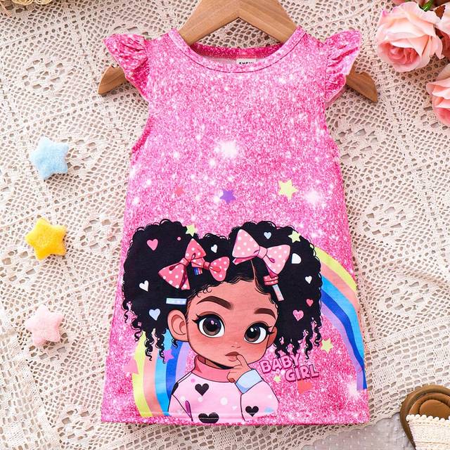SHEIN Baby Girl Casual Cute & Fun Girl Pattern Printed Dress, Suitable For Spring And Summer Outdoor Activities