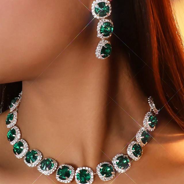 STONEFANS 1set Silver-Tone Luxury Bridal Jewelry Set With Green Necklace And Earrings, Wedding Accessories