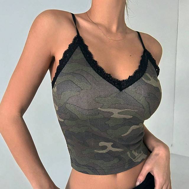 DAZY Lace Trim Camouflage Pattern Slim Fit Tank Top