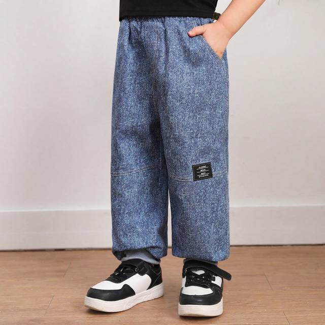 SHEIN 1pc Young Boys Casual Drawstring Waistband Jeans Comfortable Trousers With Decorated Woven Label , School, Sports, Party, Holiday In Spring And Summer