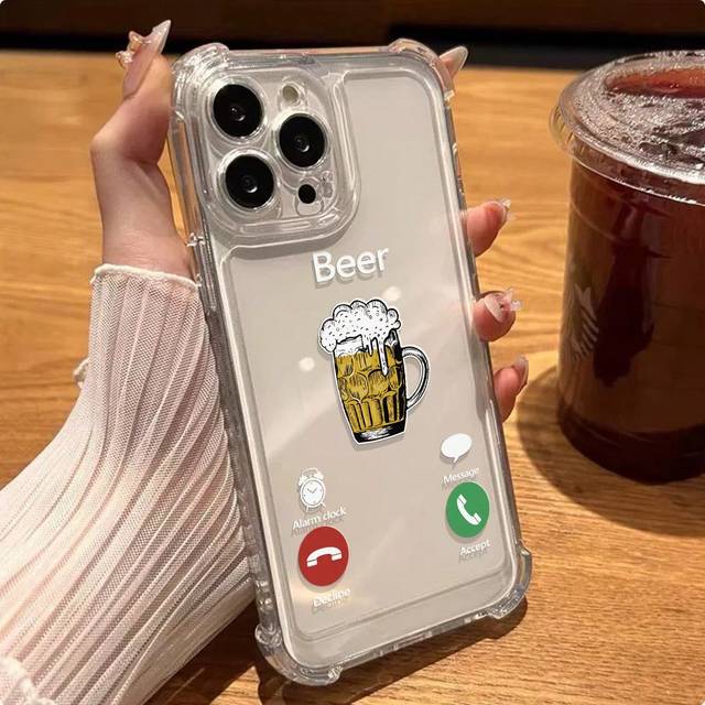 SHEIN 1pc Transparent Thickened Four Corners Shockproof Beer & Telephone Print Phone Case, Compatible With Apple Series Waterproof Anti-Fall Scratch Resista