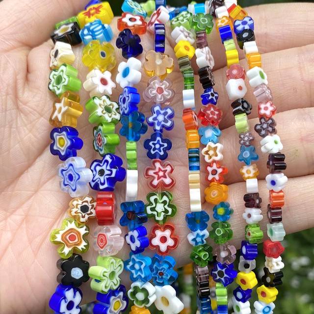 SHEIN 1 Strand 4-10mm Flower Lampwork Glass Flat Beads Round Spacer Loose Beads For Women Jewelry Making DIY Bracelet Crafts Findings Accessories Gift 15&#39;&#39;