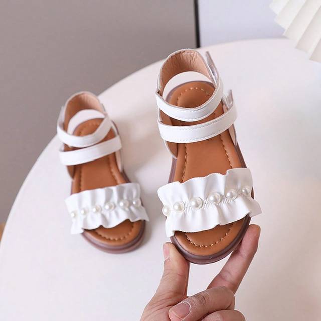 SHEIN 1pair Girls&#39; Pearl Decorated Pu High-Top Flat Sandals, Suitable For Summer
