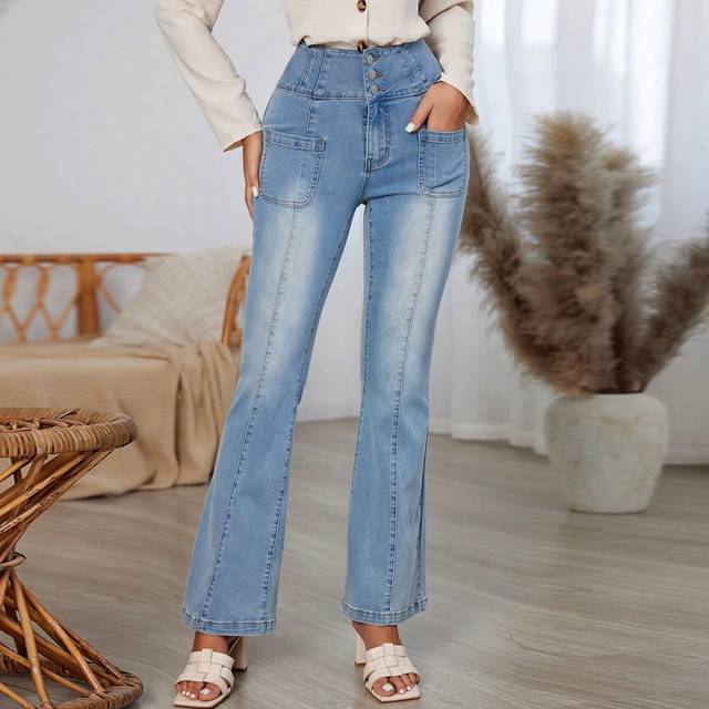 SHEIN Women&#39;s High Waist Casual Washed Flared Jeans