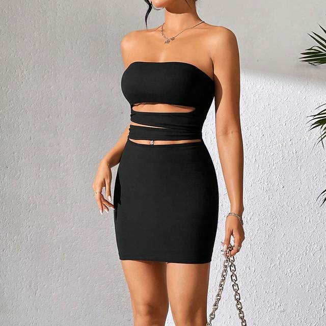 Fresral Women&#39;s Solid Color Strapless Hollow Out Bodycon Dress