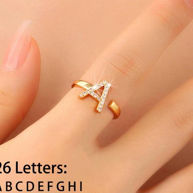 SHEIN 1pc Fashionable And Elegant Kids/Teens Ladylike Style Gold-Plated Cubic Zirconia 26 Alphabet Adjustable Ring, Perfect Gift For Classmates/Friends, Pre