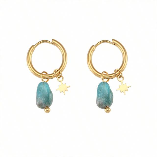 SHEIN 1 Pair Stainless Steel 18K Gold Plated Bohemian Style Beach Hoop Earrings With Natural Stone Eight-Pointed Star Pendant, Unique Design