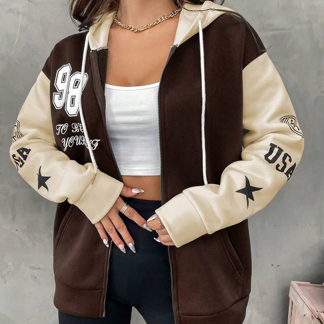 Flirla Letter Print Color Block Zipper Hooded Long Sweatshirt,Long Sleeve Tops