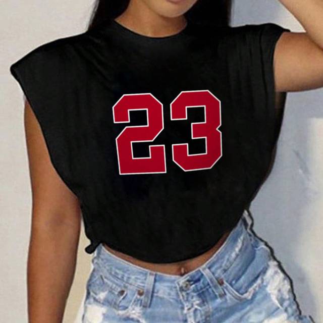 Slaydiva Casual Minimalist #23 Graphic Round Neck Sleeveless Loose Short T-Shirt For Women, Suitable For Summer