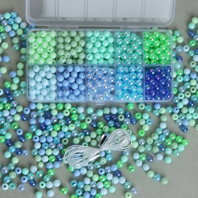 SHEIN 10 Grids Approx 600pcs 6mm Hole Beads Set Green Tone Diy Jewelry Accessories Kit, For Bracelet, Necklace, Phone Chain, Bag Decoration, Ball Chain Mate