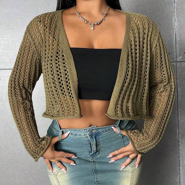 Flirla Plus Size Solid Color Hollow Out Knitted Cropped Cardigan