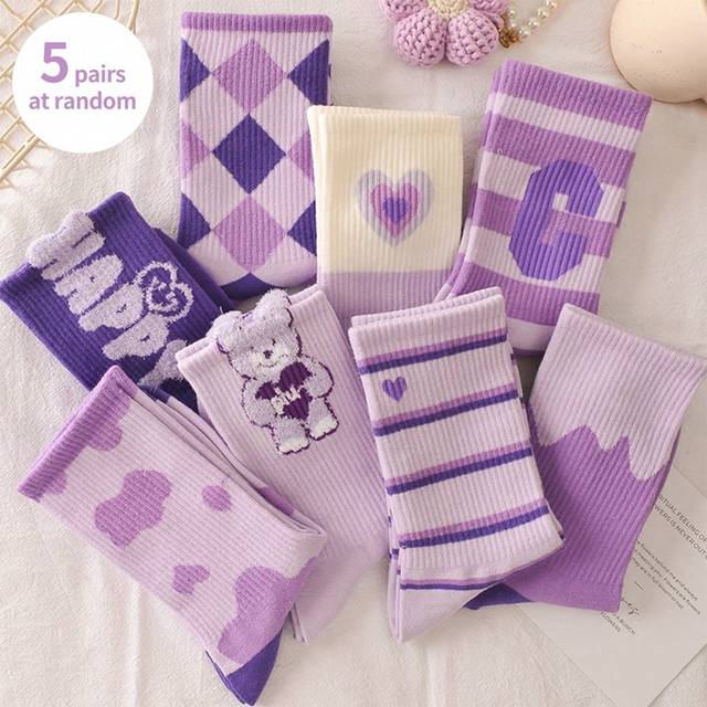 SHEIN 5pairs Random Color Mid-Calf Socks For Women, Cute Bear & Letter Print Long Tube Socks, Suitable For Daily Use In Spring And Autumn