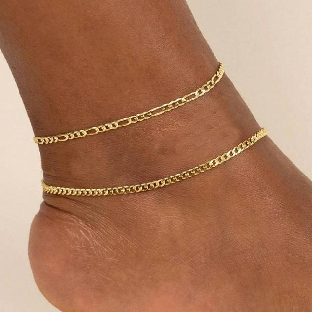 SHEIN 2pcs/Set Gold-Tone Stainless Steel Chain Anklets Set For Women, Beach Foot Jewelry