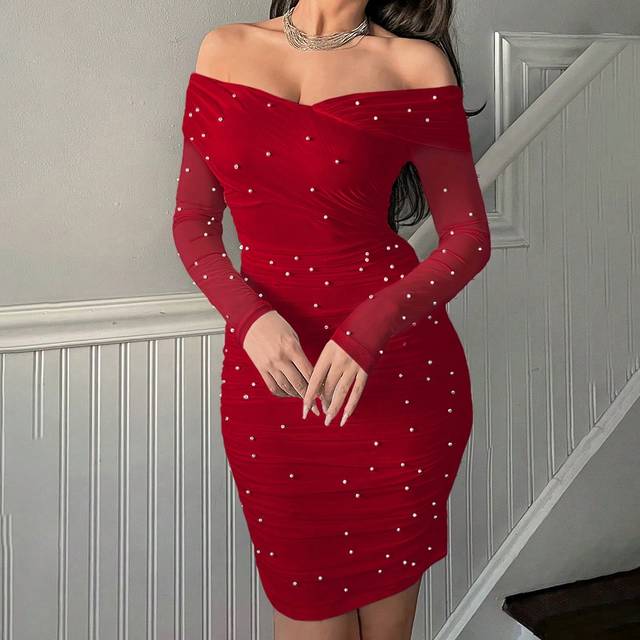 Axelfri Volanger & Pärlbroderad Bodycon Klänning - Röd (L,M,S,XL,XS,XXL,XXS)