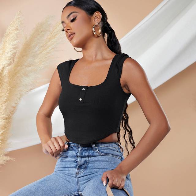 SHEIN Button Front Rib-knit Asymmetrical Hem Tee