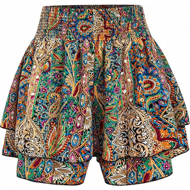 SHEIN Plus Size Elastic Waistband Paisley Printed Ruffle Hem Shorts, Summer