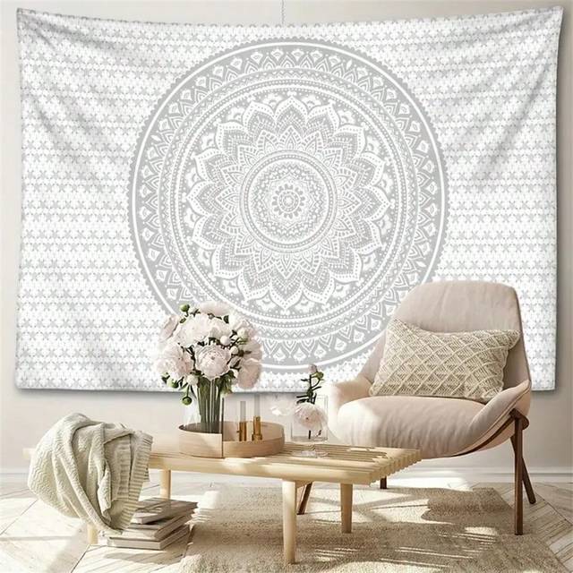 SHEIN 1pc Gray White Mandala Tapestry Wall Hanging Abstract Art Hippie Tapiz Witchcraft Tapestry For Living Room Bedroom Office Home Decoration Gift Install