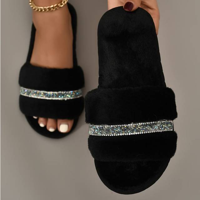 SHEIN DREAMA EU Brand Classic Elegant & Comfortable Open Toe Soft & Anti-Slip Durable Faux Rabbit Fur Ladies Home Slippers, Suitable For All Seasons