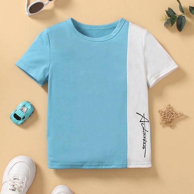 SHEIN Young Boys Colorblock Letter Printed T-Shirt, Casual, Cute, Sporty, Street Style, Spring & Summer