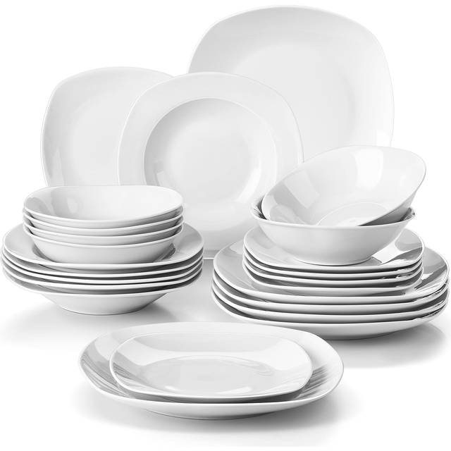 "MALACASA, Series Elisa, 24-Piece Dinner Sets White Porcelain Dinner Set with 6-Piece 6.7"" Cereal Bowl, 6-Piece 9.75"" Dinner Plate, 6-Piece 7.5"" Desser"