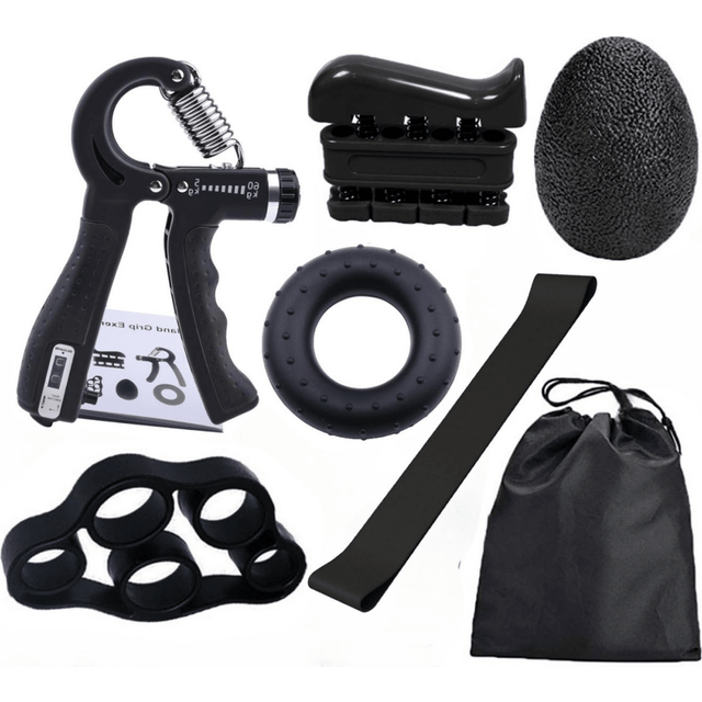 Handgreppsförstärkare set med 6 inklusive justerbar handgripare upp till 130lbs & 40lbs Massagegrepp Ring & fingertränare & handtränare Stressavlastan - Svart (En-Storlek)