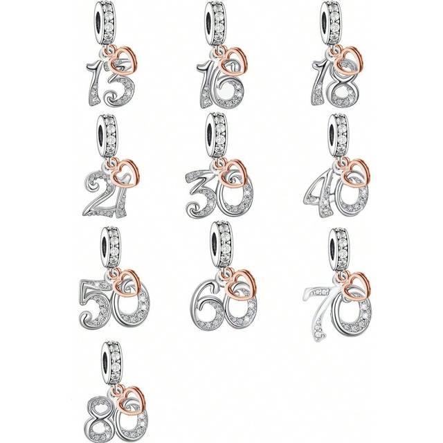 HuooNew 1pc Simple 925 Sterling Silver Heart Shaped Number Pendant & Bead For Diy, Unisex Commemorative Birthday Gift