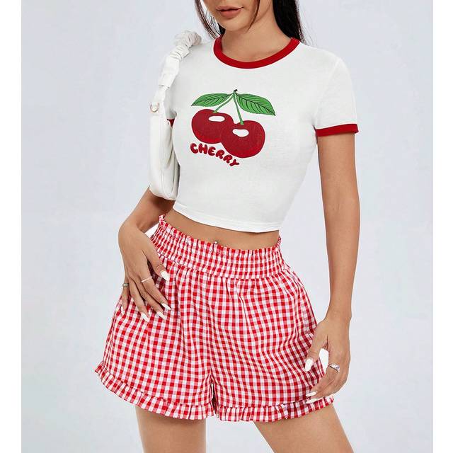 SHEIN Women&#39;s Red&White Colorblock Short Sleeve T-Shirt With Cherry Prints, Baby Tee For Women