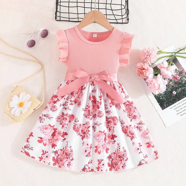 SHEIN Young Girl Summer New Arrival Fashionable Dress With Ruffle Cuffs And Pocket Design, Featuring Floral Print And Striped Patchwork Details