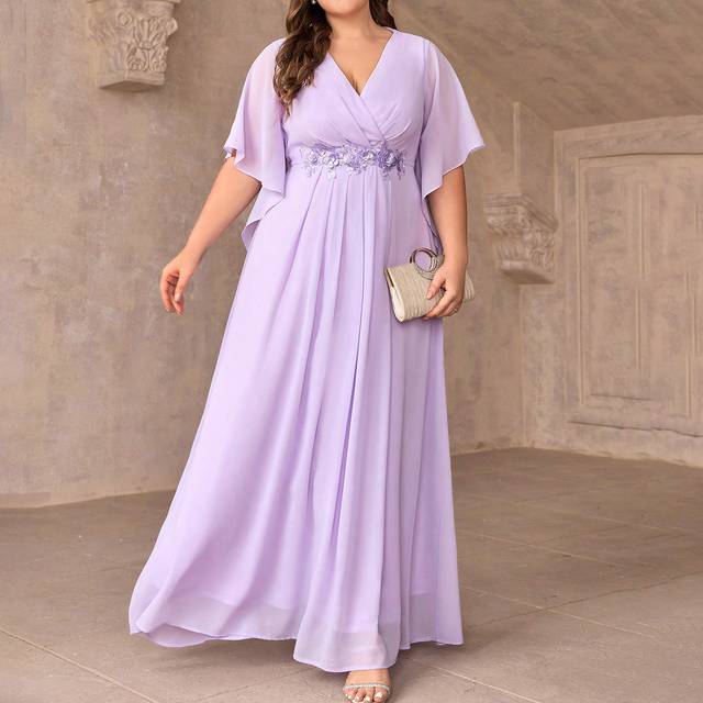 SHEIN Plus Size Women&#39;s Solid Color Ruffled Sleeve V-Neck Bridesmaid Dress Elegant Formal Evening Prom Wedding Guest Gown, For Graduation, Dinner Party Dres