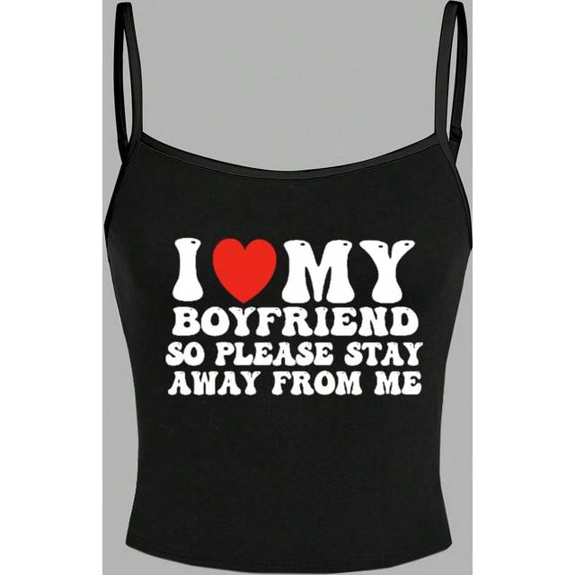 SHEIN Valentine&#39;s Day Casual Heart Print Slim Cami Top, Suitable For Summer I Love MY BOYFRIEND SO PLEASE STAY AWAY FROM ME