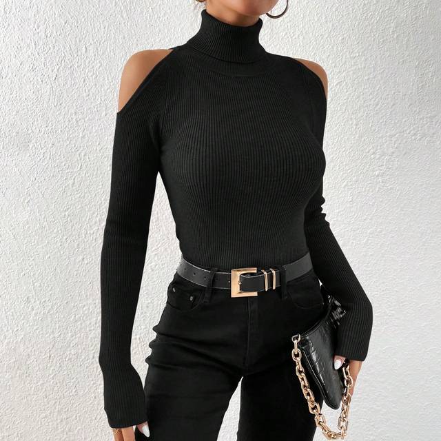 SHEIN Turtleneck Cold Shoulder Ribbed Knit Jumper